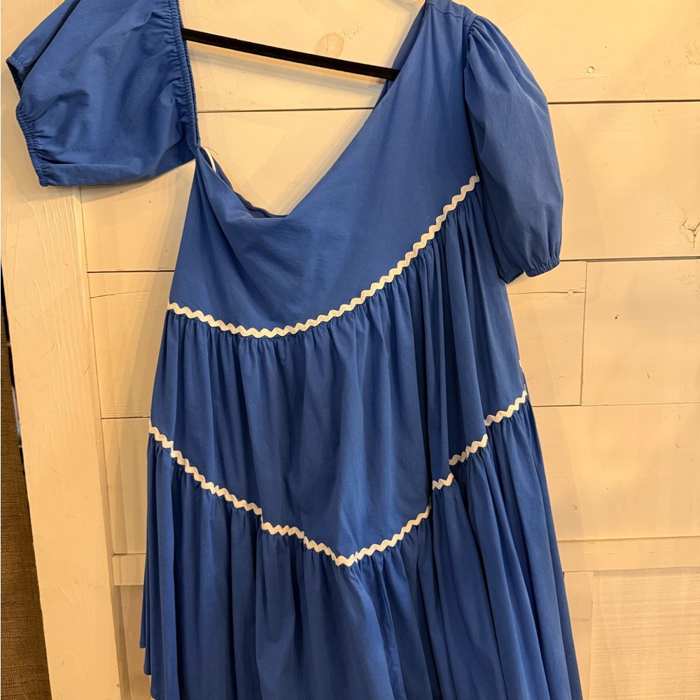 Blue One Shoulder Sleeve Dress with White Trim